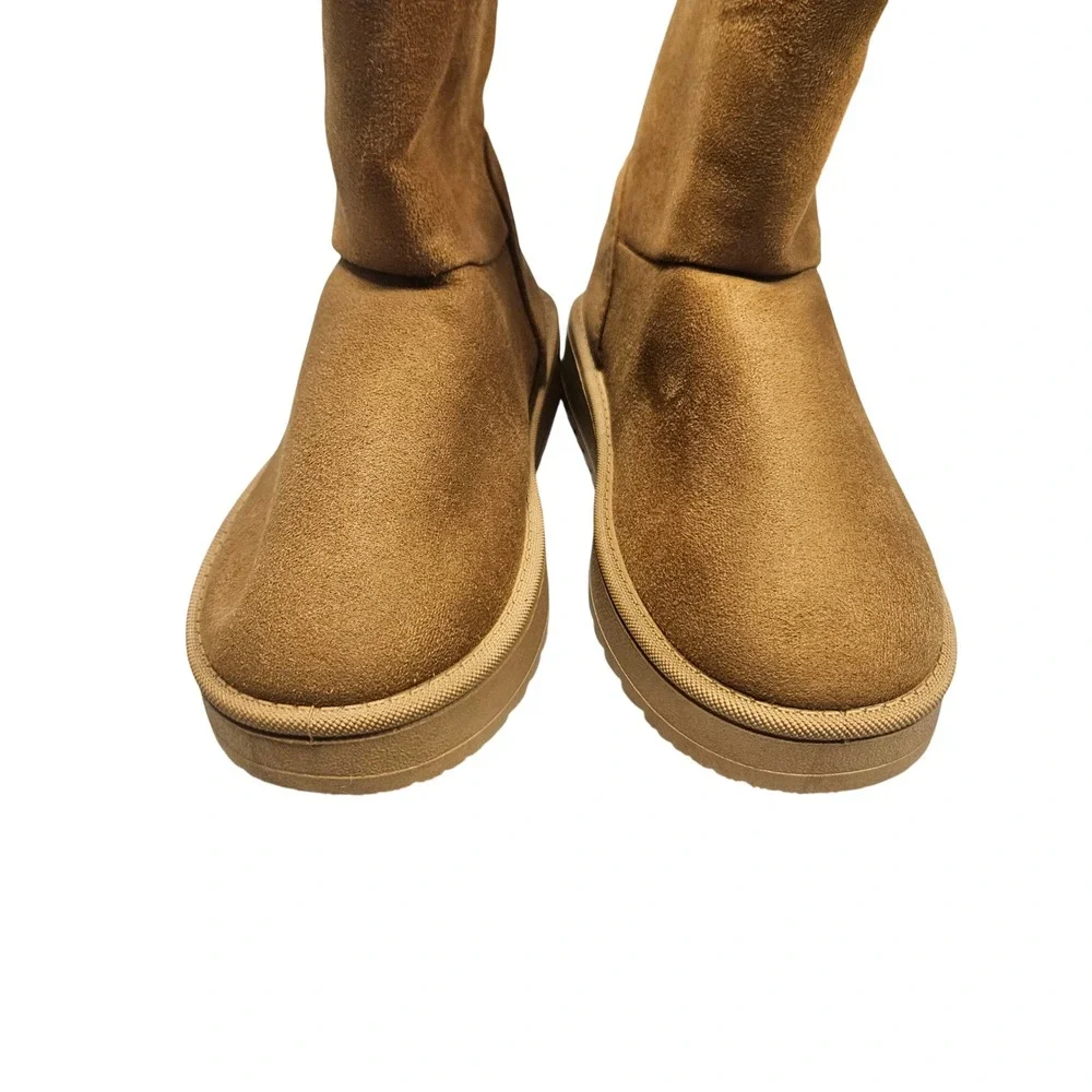 Faux Suede Boots Women Size 36 Tan Faux Fur Lined Winter Mid Calf Cozy
